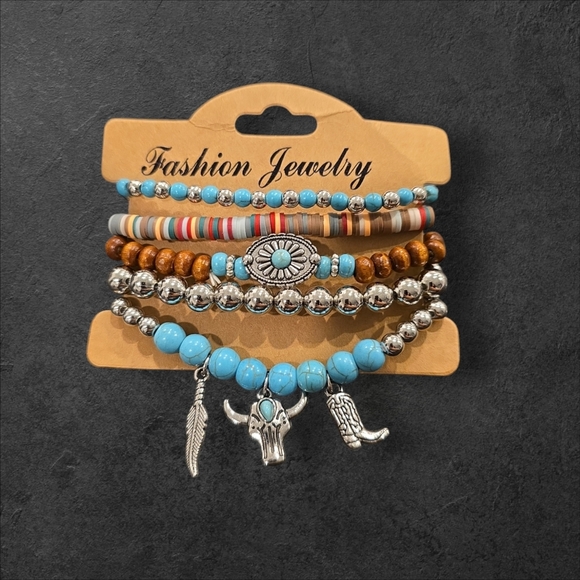 Fashion Jewelry Blue and Silver Bohemian Bracelet Set - Picture 1 of 2